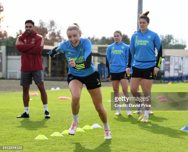 Leah Williamson of Arsenal during Arsenal Women's training session at Estadio de Nora on January 06, 2024 in Albufeira, Portugal.
