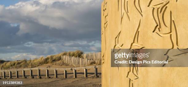 Carvings Of Birds In A Wall With A View Of A Wooden Fence And Tall Grasses. South Shields, Tyne And Wear, England.
