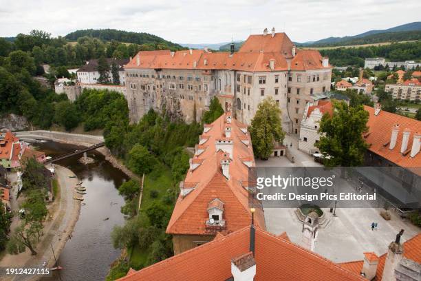 View of Cesky Krumlov and the Vltava River from the city's castle. Cesky Krumlov, Czech Republic.