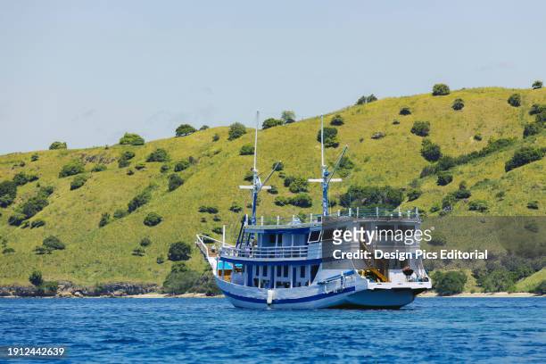 Boat moored in blue water and tree hillside along the shoreline, Komodo National Park. East Nusa Tenggara, Indonesia.