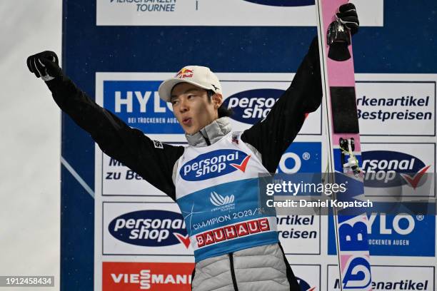 Second Place, Ryoyu Kobayashi of Japan celebrates after competing in the FIS World Cup Ski Jumping Four Hills Tournament Men Individual HS142 on...