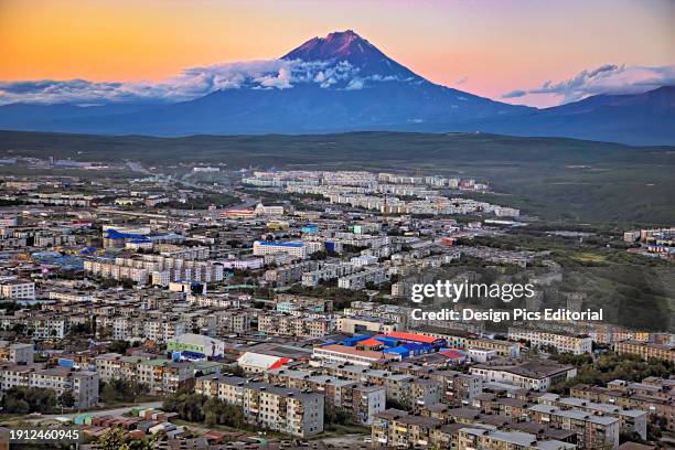 Koryaksky Volcano looms above Petropavlovsk-Kamchatsky. Petropavlovsk-Kamchatsky, Kamchatka, Russia.
