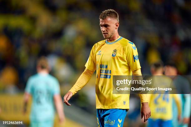 Daley Sinkgraven of UD Las Palmas reacts during the LaLiga EA Sports match between UD Las Palmas and FC Barcelona at Estadio Gran Canaria on January...