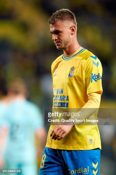 Daley Sinkgraven of UD Las Palmas reacts during the LaLiga EA Sports match between UD Las Palmas and FC Barcelona at Estadio Gran Canaria on January...