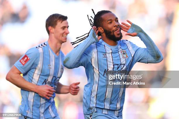 Kasey Palmer of Coventry City celebrates scoring his goal during the Emirates FA Cup Third Round match between Coventry City and Oxford United at The...