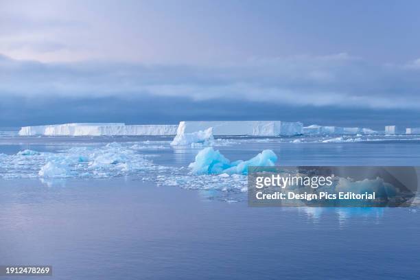 Tabular icebergs under the midnight sun of the Antarctic summer in the Weddell Sea, Antarctic Sound, Western Antarctica. Antarctica.