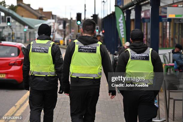 Community Safety Officers patrol the High Street on January 06, 2024 in Southend, England. Part of the Community Safety Patrol Team the Community...