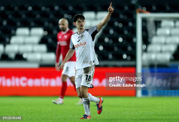 Charlie Patino of Swansea City celebrates scoring his team's first goal during the Emirates FA Cup Third Round match between Swansea City and...