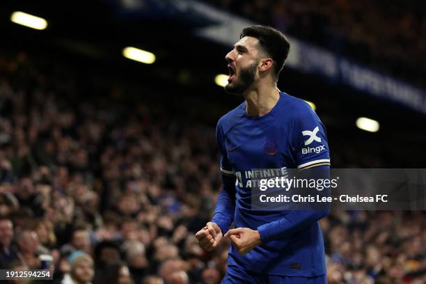 Armando Broja of Chelsea celebrates scoring his team's first goal during the Emirates FA Cup Third Round match between Chelsea and Preston North End...