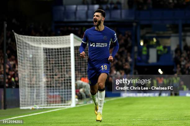 Armando Broja of Chelsea celebrates scoring his team's first goal during the Emirates FA Cup Third Round match between Chelsea and Preston North End...