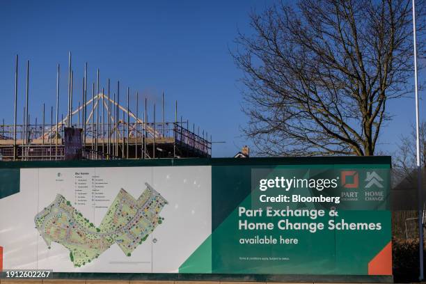 Adverts for part exchange and home exchange schemes at the entrance to a Persimmon Plc residential property construction site in Braintree, UK, on...