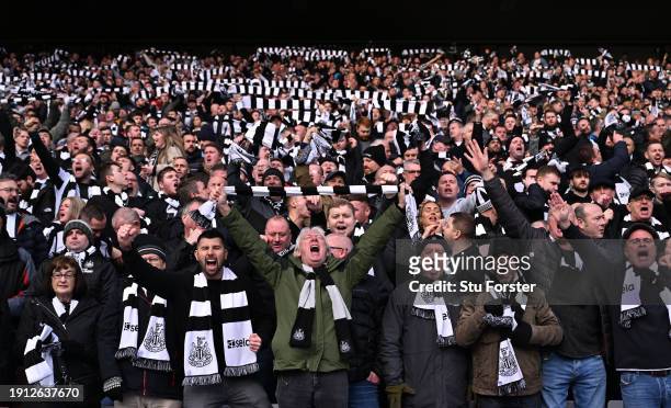 Newcastle United fans support their team during the Emirates FA Cup Third Round match between Sunderland and Newcastle United at Stadium of Light on...