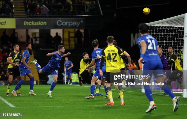Ryan Colclough of Chesterfield heads over the bar during the Emirates FA Cup Third Round match between Watford and Chesterfield at Vicarage Road on...