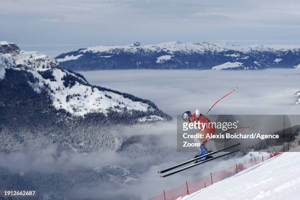 Marco Odermatt of Team Switzerland in action during the Audi FIS Alpine Ski World Cup Men's Downhill Training on January 9, 2024 in Wengen,...