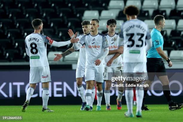 Jerry Yates of Swansea City celebrates scoring his team's second goal during the Emirates FA Cup Third Round match between Swansea City and Morecambe...