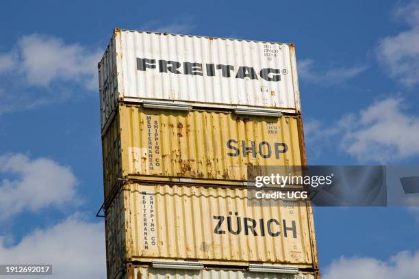 Europe. Switzerland. Zurich. Freitag Shop. Bags And Accesories Made With Recycled Materials Used On The Roads As Tarpaulins Of Trucks. Tubes Of...