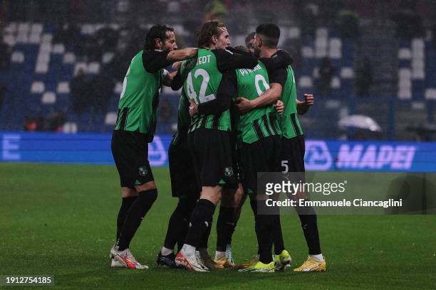 Andrea Pinamonti of US Sassuolo celebrates after scoring his team's first goal during the Serie A TIM match between US Sassuolo and ACF Fiorentina at...