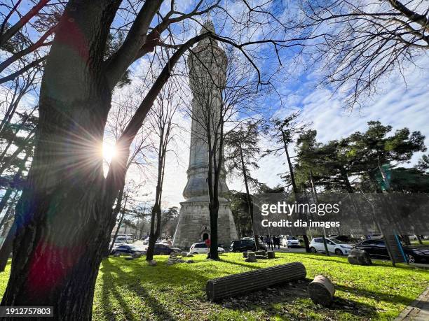 General view of the restored historical Beyazıt Tower, one of the symbols of Istanbul on January 5, 2024 İstanbul, Turkey. Beyazıt fire tower, one of...