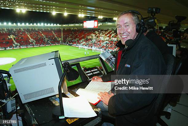 Sky television commentator Martin Tyler in the commentary box before the Euro 2004 Championship Qualifying match between England and Macedonia on...