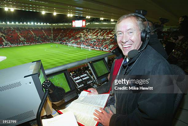 Sky television commentator Martin Tyler in the commentary boxbefore the Euro 2004 Championship Qualifying match between England and Macedonia on...