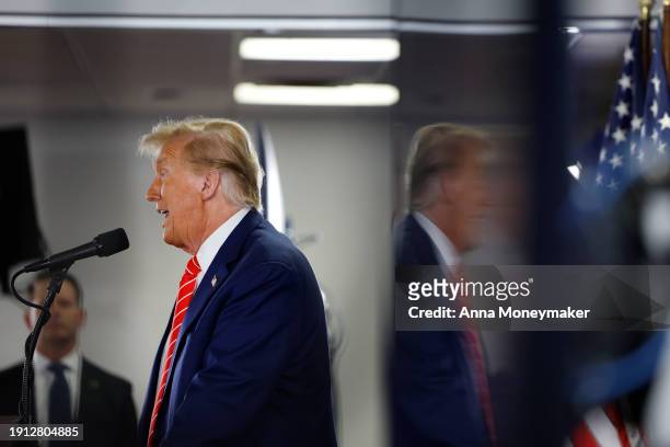 Republican presidential candidate, former U.S. President Donald Trump speaks at a campaign event on January 06, 2024 in Newton, Iowa. President Trump...