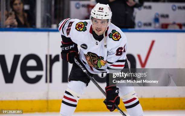 Brett Seney of the Chicago Blackhawks skates during warmups prior to the game against the New York Rangers at Madison Square Garden on January 04,...