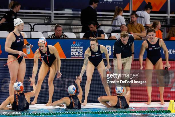 Sabrina van der Sloot of the Netherlands celebrate with teammates during the 2024 European Women's Water Polo Championships match between Netherlands...