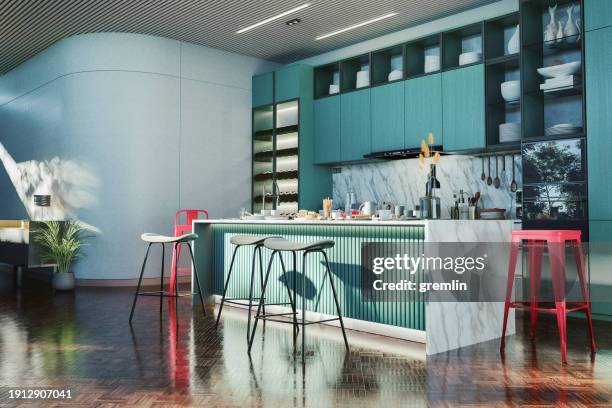 modern kitchen in afternoon sunlight - bright kitchen stock pictures, royalty-free photos & images
