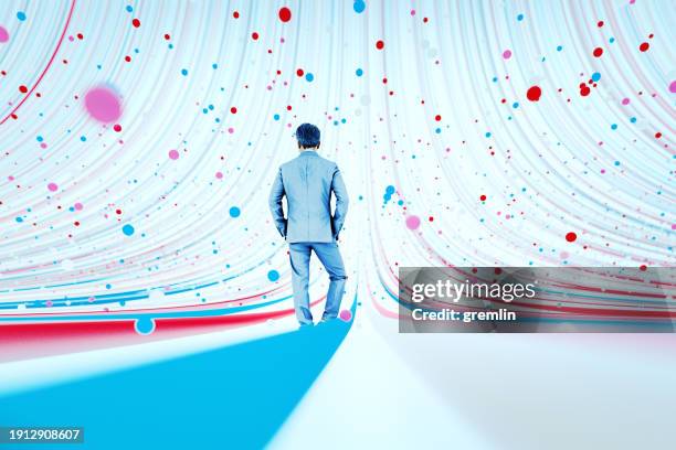 businessman standing in vr environment - blue purse stock pictures, royalty-free photos & images