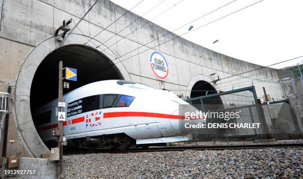 German ICE high-speed train enters the Channel tunnel between France and England on October 13, 2010 during a test run. The grey ICE3 train, made by...