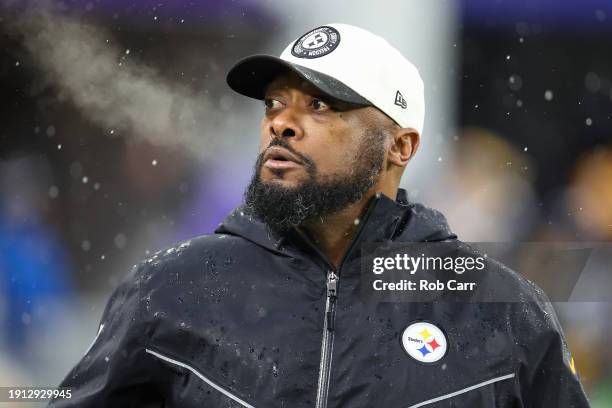 Head coach Mike Tomlin of the Pittsburgh Steelers looks on prior to a game against the Baltimore Ravens at M&T Bank Stadium on January 06, 2024 in...