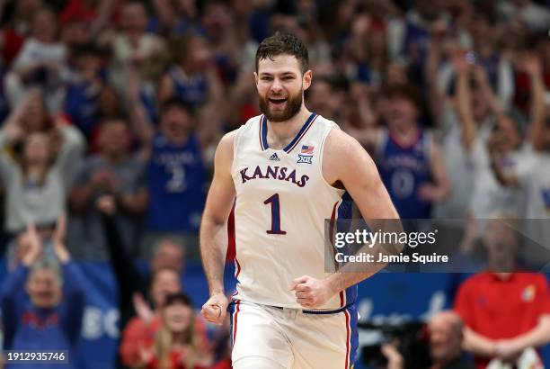 Hunter Dickinson of the Kansas Jayhawks reacts after scoring the final basket during the 2nd half against the TCU Horned Frogs as the Jayhawks defeat...