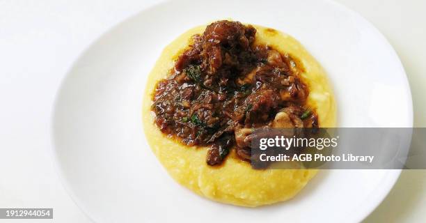 Traditional Brazilian dish, Corn meal with oxtail stew, oxtail with polenta, Sao Paulo, Brazil.
