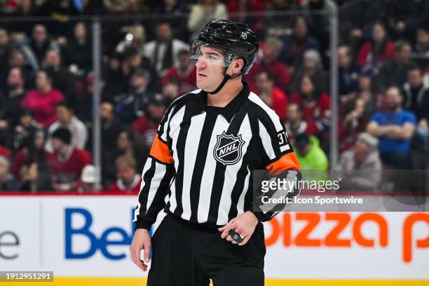 Look on NHL referee Pierre Lambert during the New York Rangers versus the Montreal Canadiens game on January 06 at Bell Centre in Montreal, QC