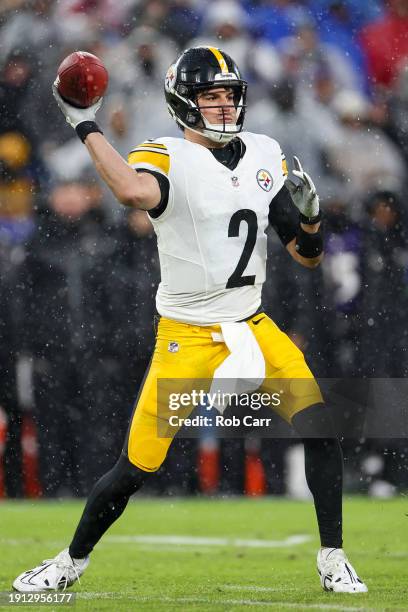 Mason Rudolph of the Pittsburgh Steelers throws a pass in the first quarter of a game against the Baltimore Ravens at M&T Bank Stadium on January 06,...