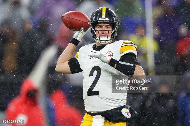 Mason Rudolph of the Pittsburgh Steelers throws a pass in the first quarter of a game against the Baltimore Ravens at M&T Bank Stadium on January 06,...