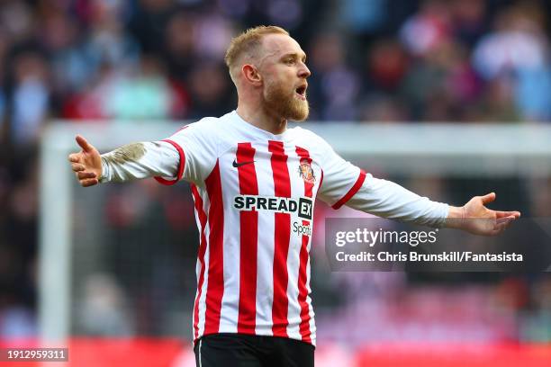 Alex Pritchard of Sunderland gestures during the Emirates FA Cup Third Round match between Sunderland and Newcastle United at Stadium of Light on...