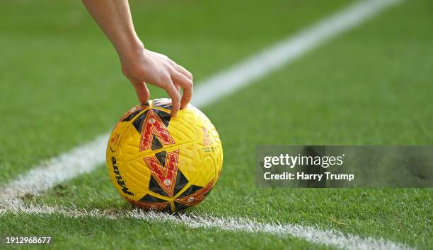 Detailed view of the match ball during the Emirates FA Cup Third Round match between Plymouth Argyle and Sutton United at Home Park on January 06,...