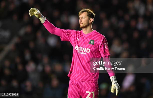 Conor Hazard of Plymouth Argyle reacts during the Emirates FA Cup Third Round match between Plymouth Argyle and Sutton United at Home Park on January...