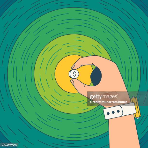 hand holding a coin on a background of circular lines. financial investment, savings and banking concepts background illustration. - salary drop illustration stock illustrations