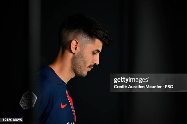 Lucas Beraldo poses for a photoshoot after signing a 5 year contract with Paris Saint-Germain at Campus PSG on January 01, 2024 in Paris, France.