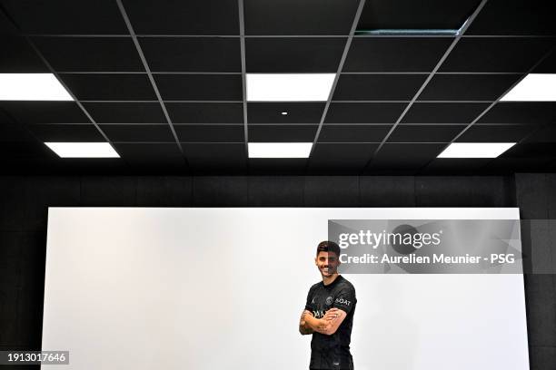 Lucas Beraldo poses for a photoshoot after signing a 5 year contract with Paris Saint-Germain at Campus PSG on January 01, 2024 in Paris, France.