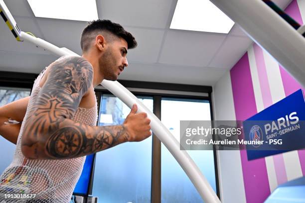 Lucas Beraldo passes a medical visit after signing a 5 year contract with Paris Saint-Germain at Campus PSG on January 01, 2024 in Paris, France.
