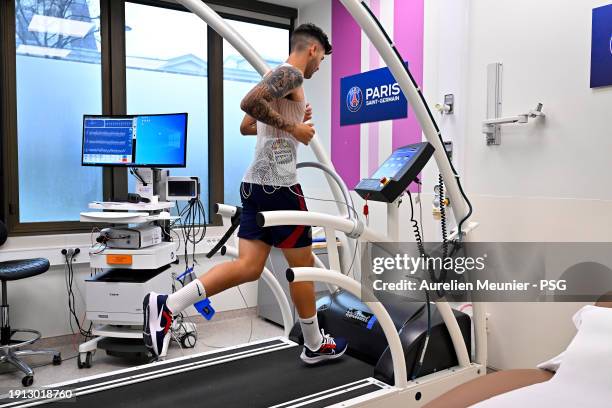 Lucas Beraldo passes a medical visit after signing a 5 year contract with Paris Saint-Germain at Campus PSG on January 01, 2024 in Paris, France.