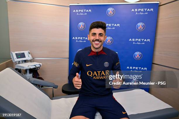 Lucas Beraldo passes a medical visit after signing a 5 year contract with Paris Saint-Germain at Campus PSG on January 01, 2024 in Paris, France.