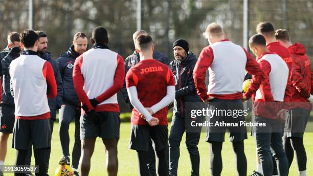 Swansea City manager Luke Williams speaks to his players during the Swansea City Training Session at The Fairwood Training Ground on January 05, 2024...