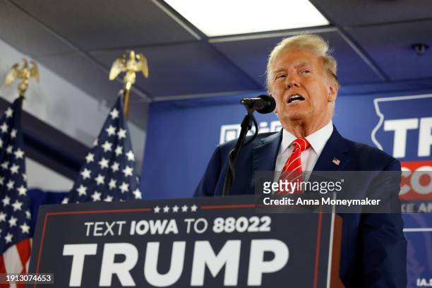 Republican presidential candidate, former U.S. President Donald Trump speaks at a campaign event on January 06, 2024 in Newton, Iowa. President Trump...