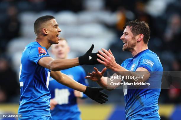 Lukas Jutkiewicz of Birmingham City celebrates with Cody Drameh after scoring his team's first goal during the Emirates FA Cup Third Round match...