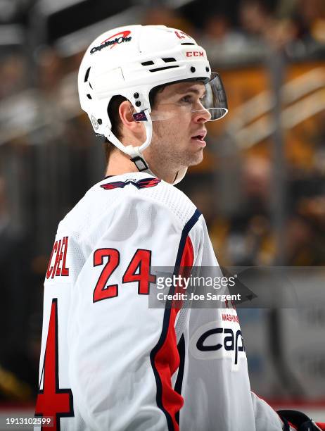 Connor McMichael of the Washington Capitals skates against the Pittsburgh Penguins at PPG PAINTS Arena on January 2, 2024 in Pittsburgh, Pennsylvania.