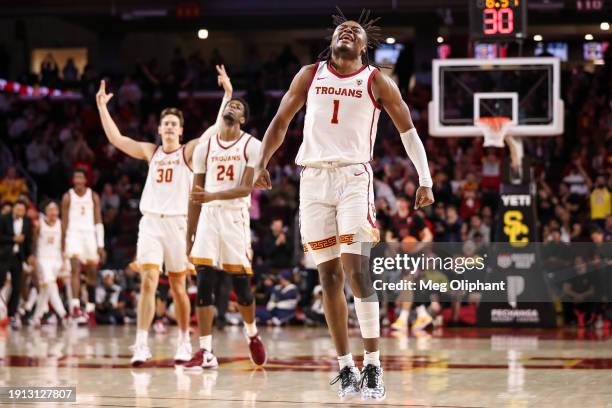 Isaiah Collier of the USC Trojans celebrates his shot in the second half against the Stanford Cardinal at Galen Center on January 06, 2024 in Los...